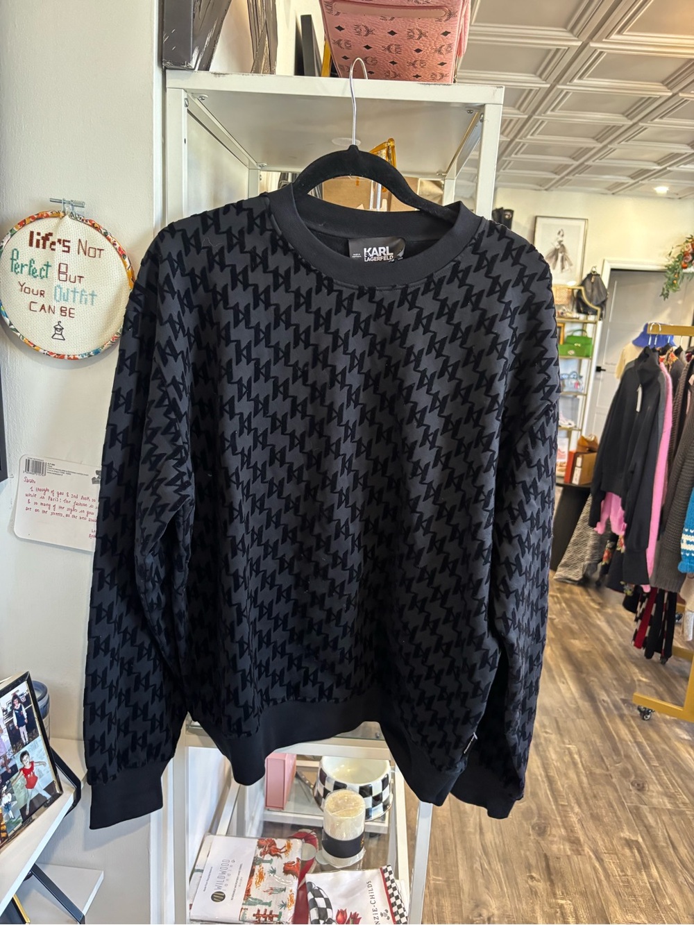 Karl Lagerfeld Black Houndstooth-Pattern logo print Crewneck Sweatshirt